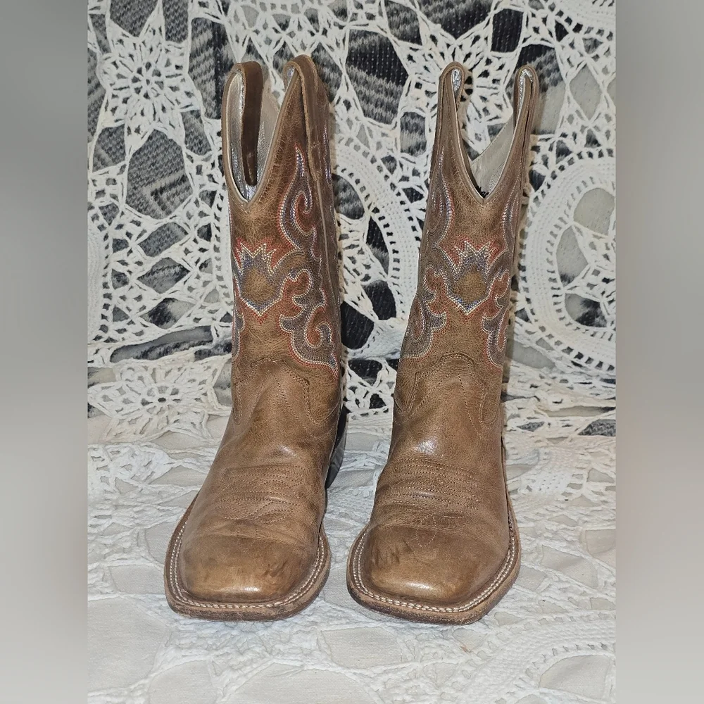 Old West Children's Tan Leather Cowboy Boots, 010, Square Toe